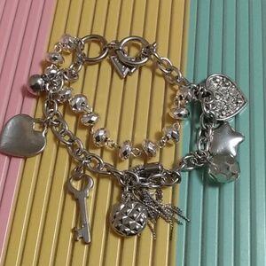 Vtg Y2K Guess Double Silver Charms Bracelet